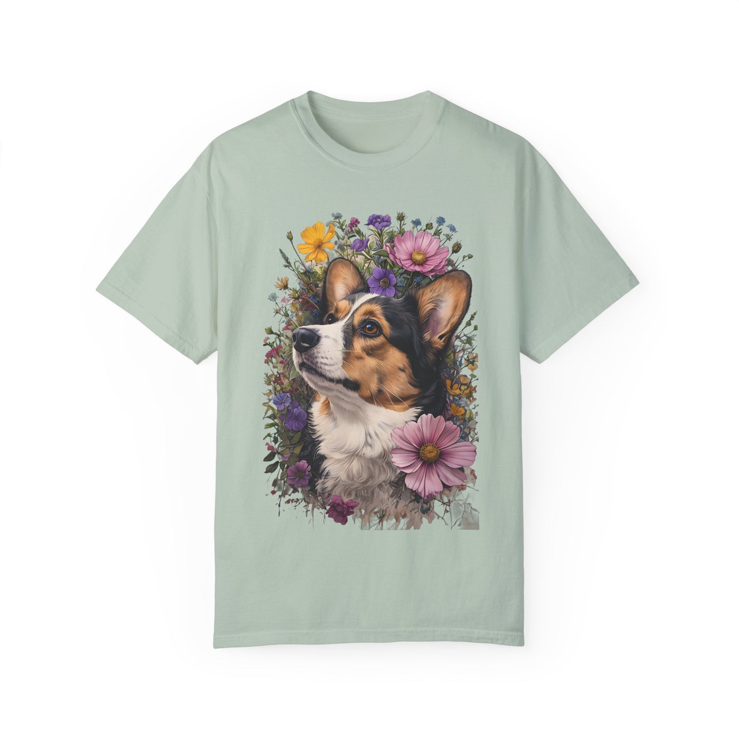 "RHT Corgi w/Flowers" Unisex Garment-Dyed T-shirt