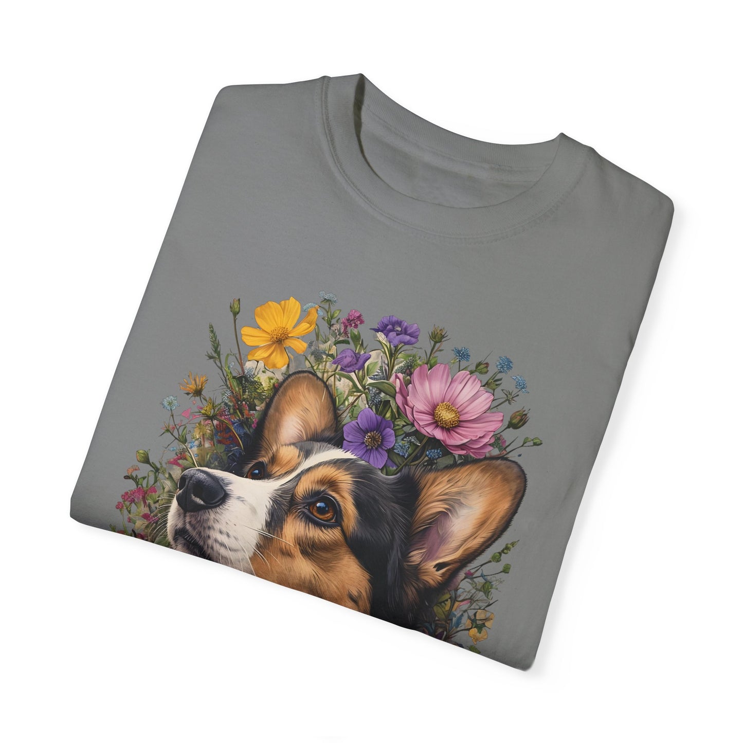 "RHT Corgi w/Flowers" Unisex Garment-Dyed T-shirt