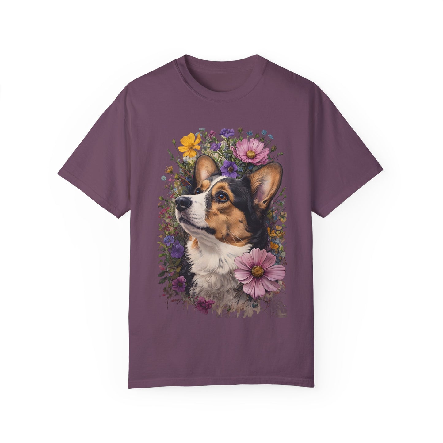 "RHT Corgi w/Flowers" Unisex Garment-Dyed T-shirt