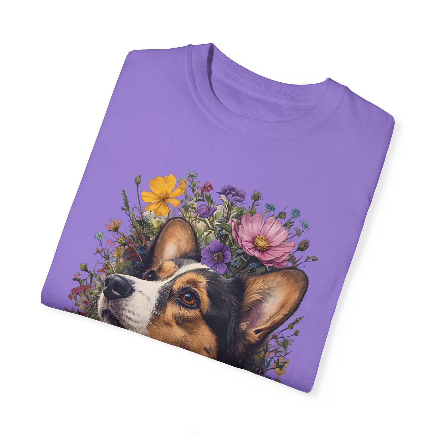 "RHT Corgi w/Flowers" Unisex Garment-Dyed T-shirt