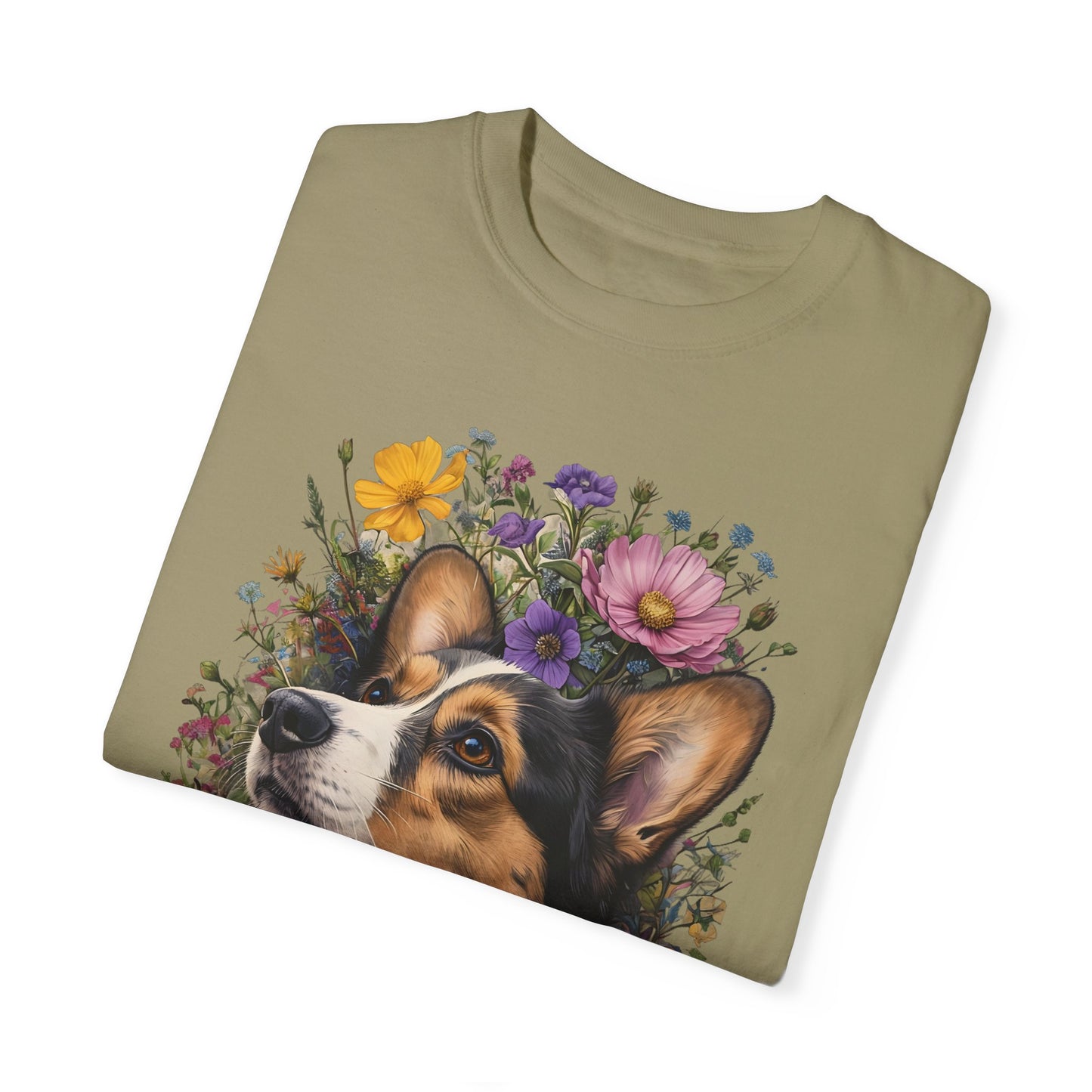 "RHT Corgi w/Flowers" Unisex Garment-Dyed T-shirt