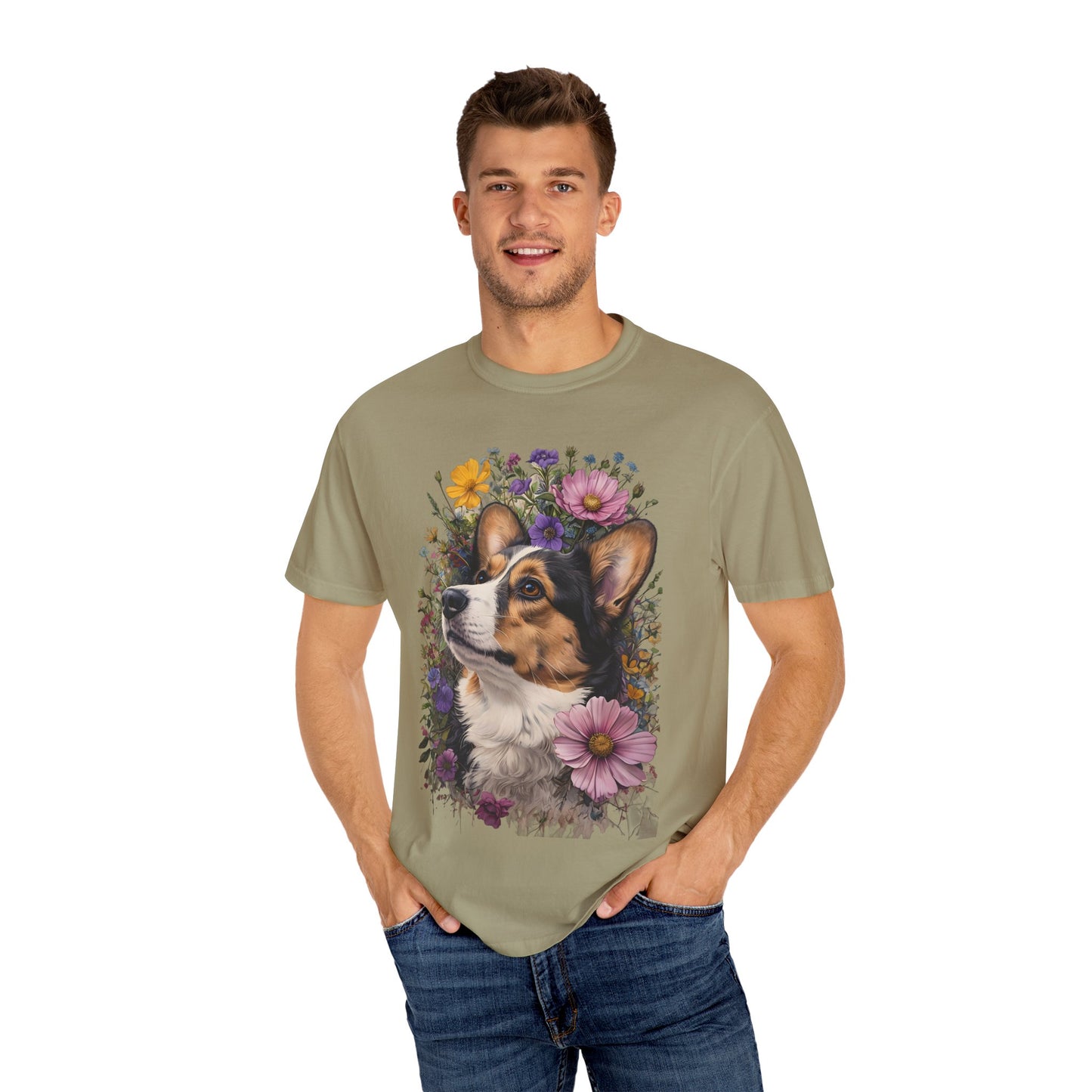 "RHT Corgi w/Flowers" Unisex Garment-Dyed T-shirt