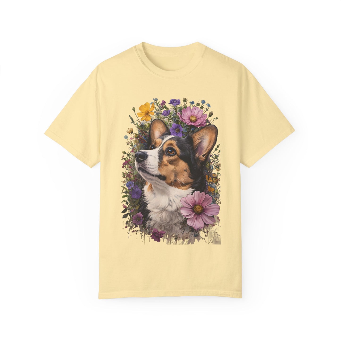 "RHT Corgi w/Flowers" Unisex Garment-Dyed T-shirt