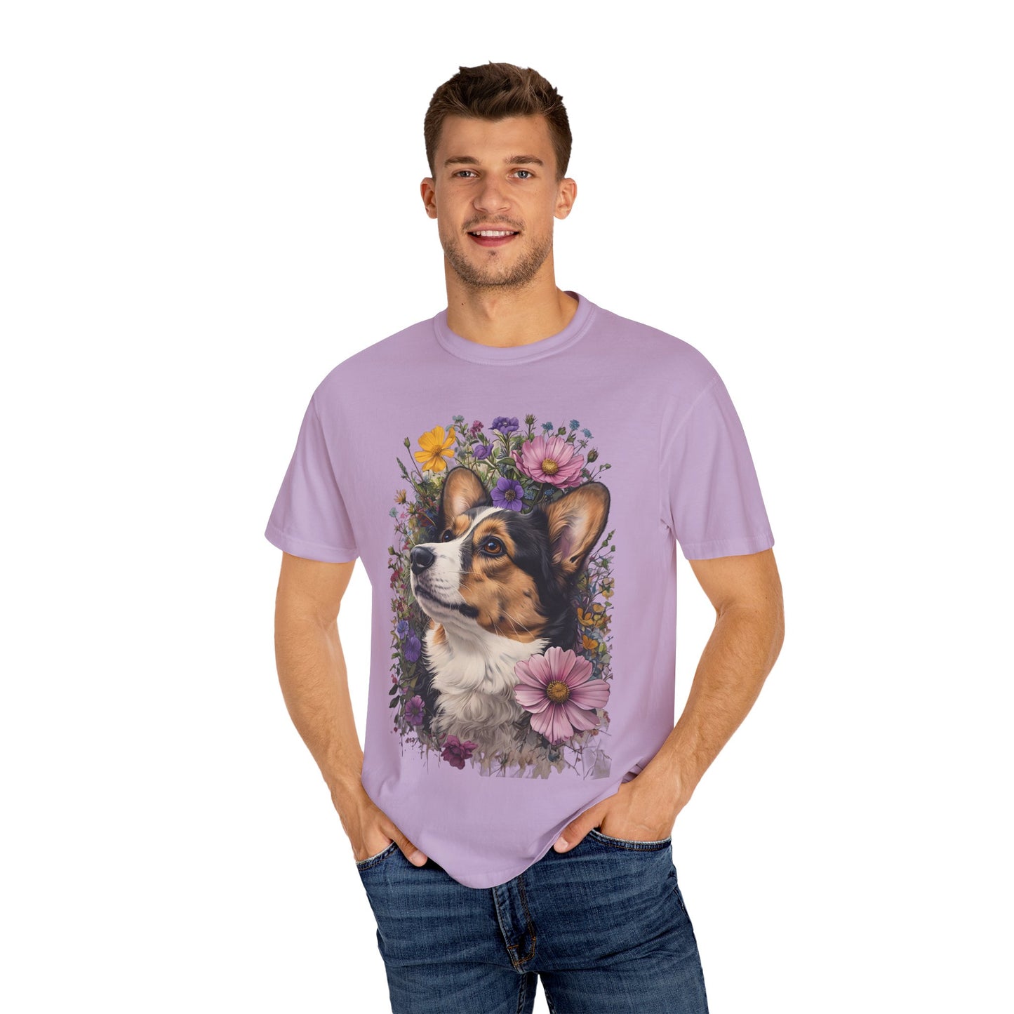 "RHT Corgi w/Flowers" Unisex Garment-Dyed T-shirt