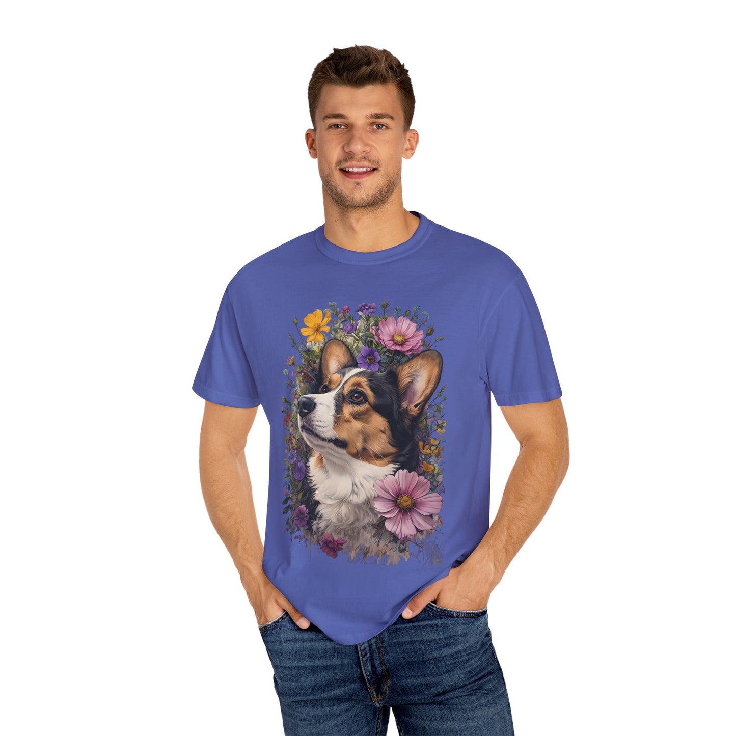 "RHT Corgi w/Flowers" Unisex Garment-Dyed T-shirt