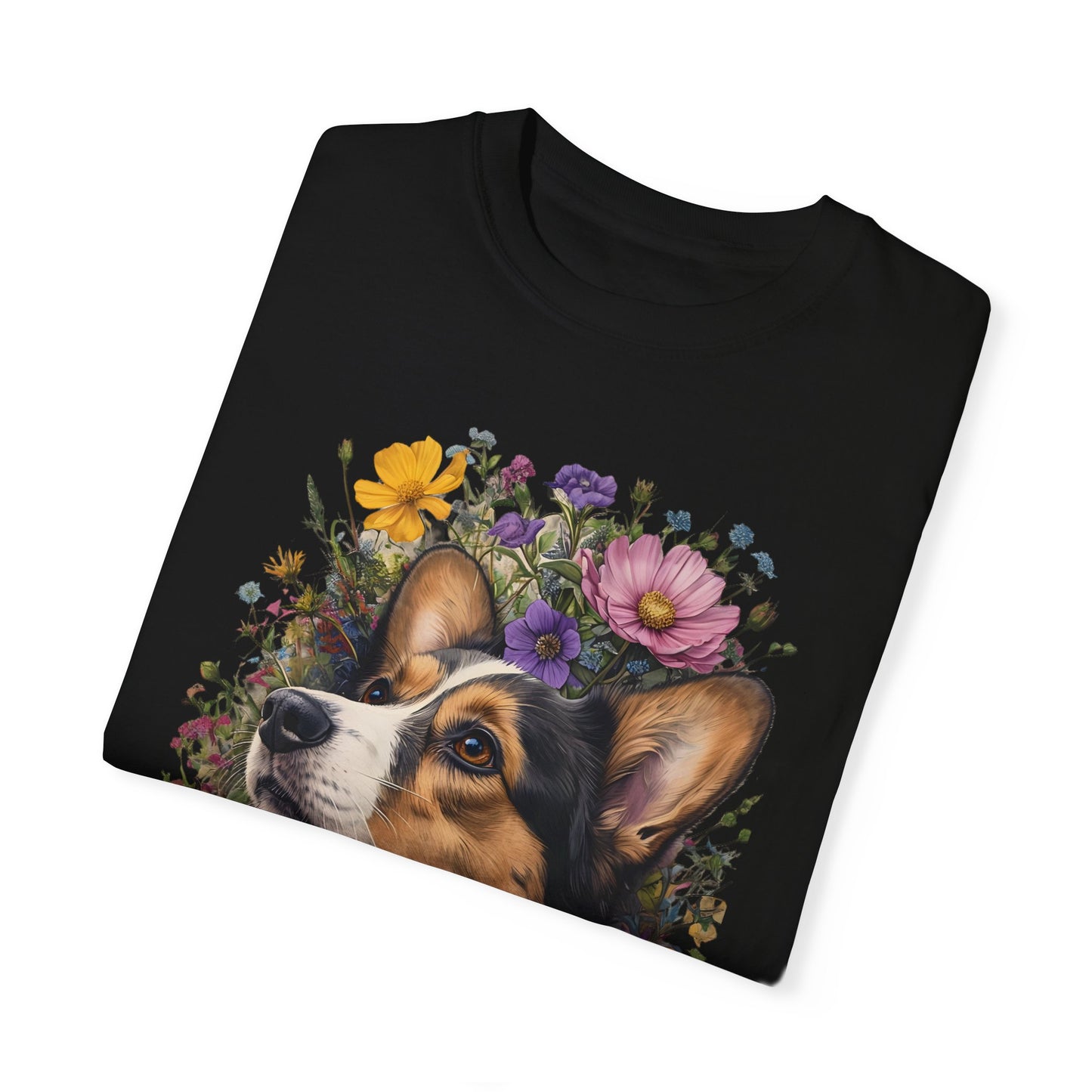 "RHT Corgi w/Flowers" Unisex Garment-Dyed T-shirt