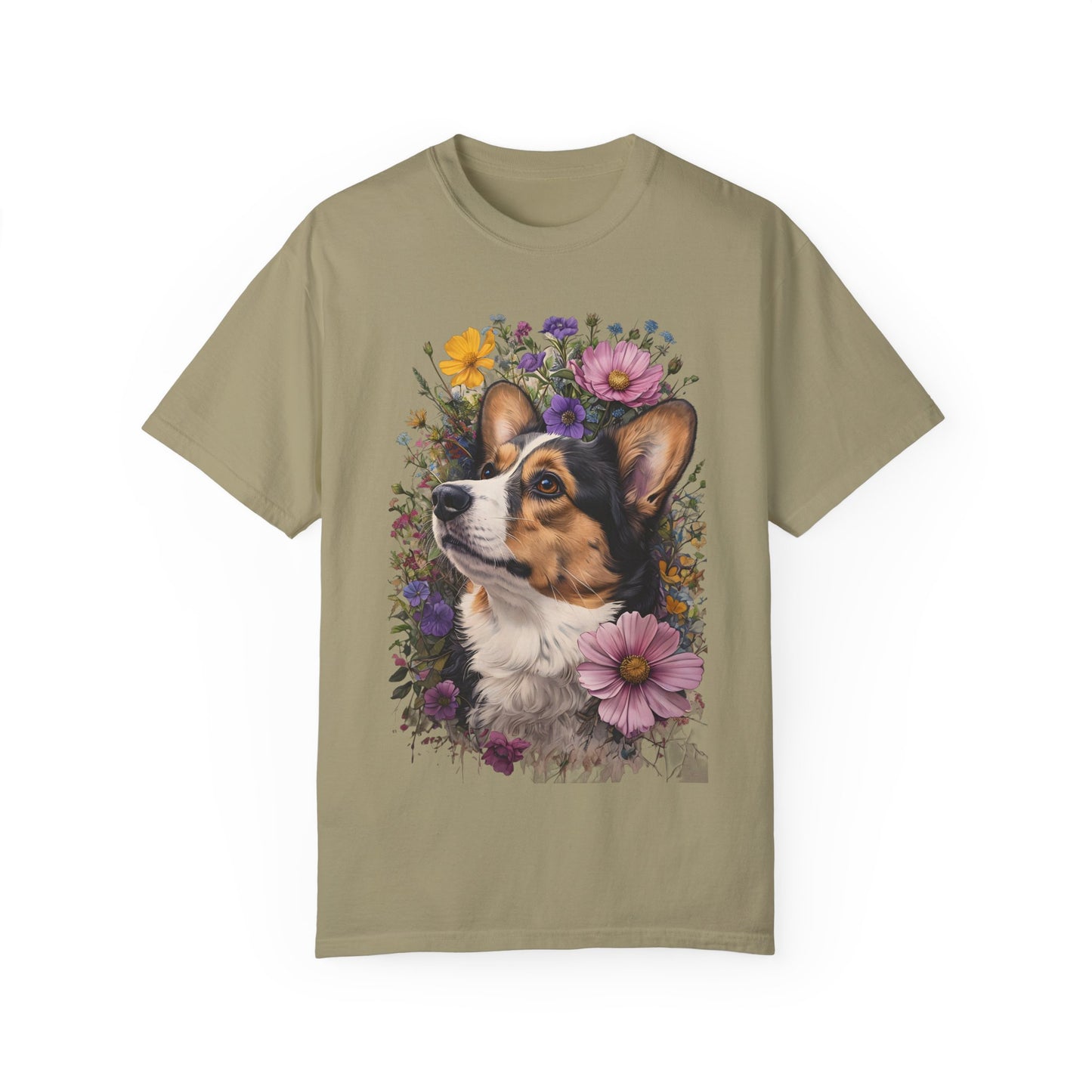 "RHT Corgi w/Flowers" Unisex Garment-Dyed T-shirt