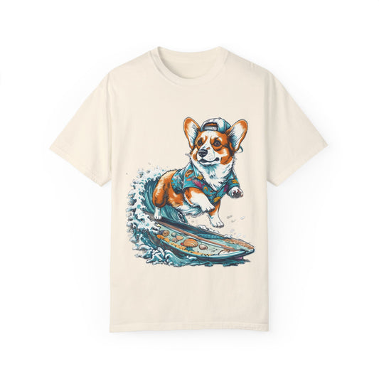 "Corgi Surfing" Unisex Garment-Dyed T-shirt