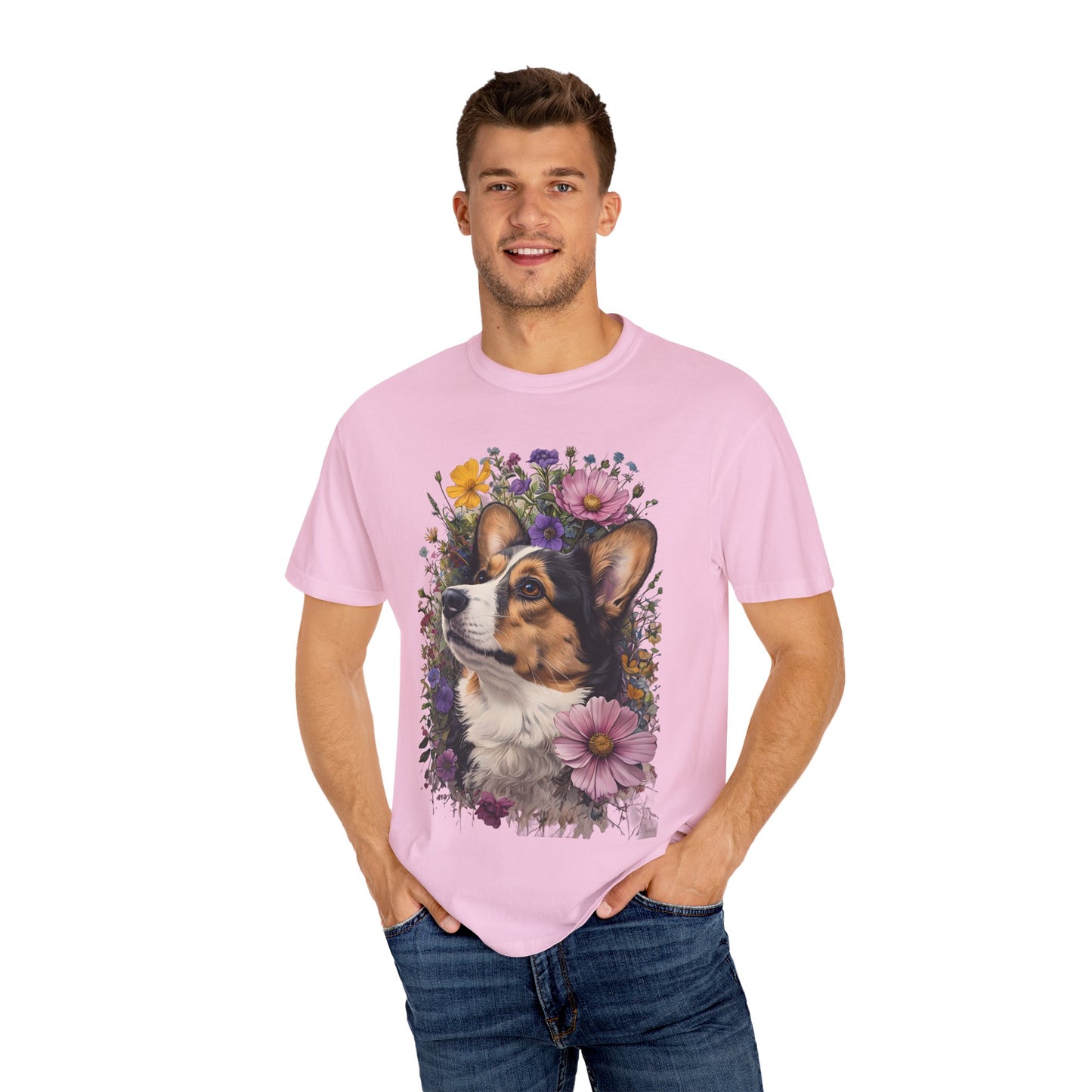 "RHT Corgi w/Flowers" Unisex Garment-Dyed T-shirt