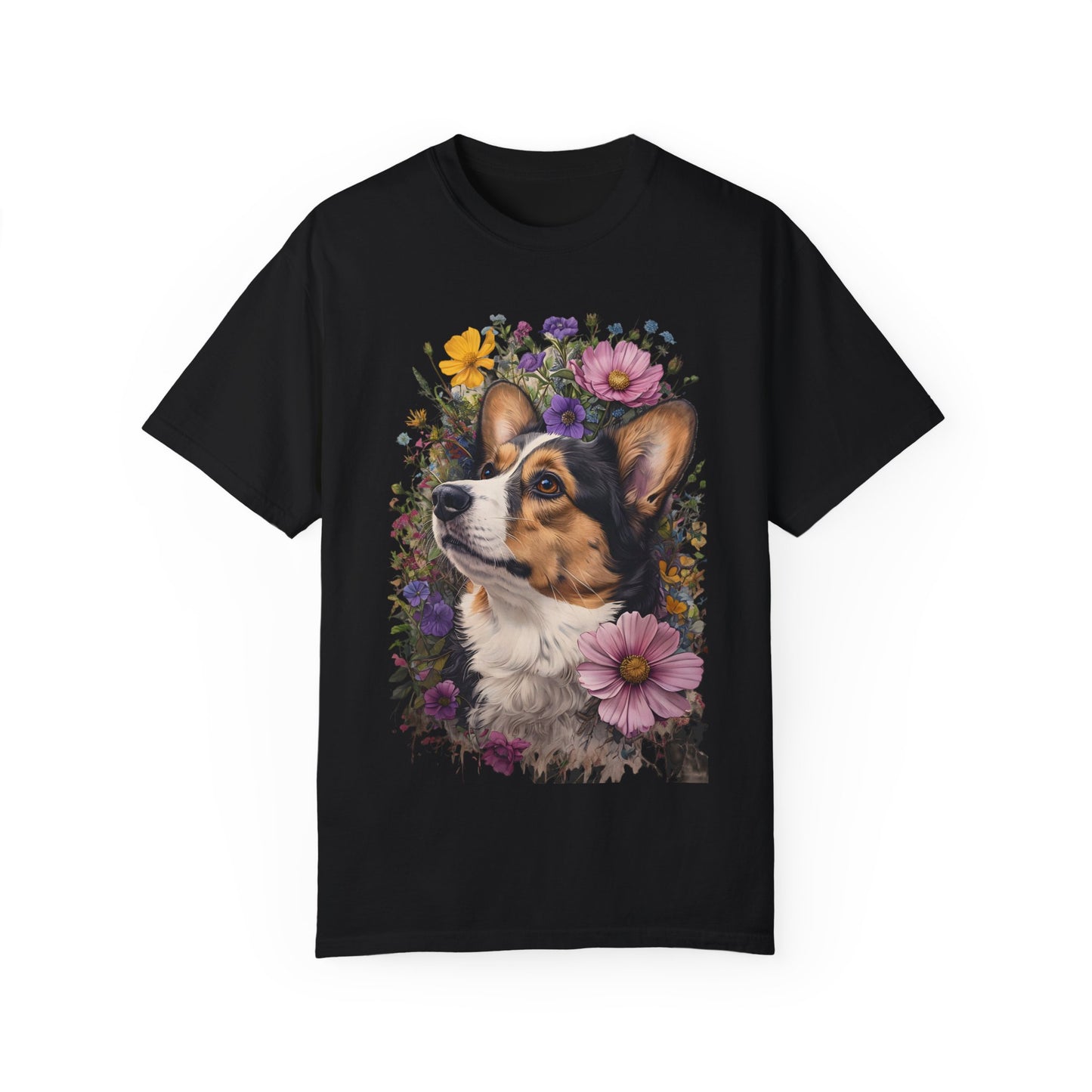 "RHT Corgi w/Flowers" Unisex Garment-Dyed T-shirt