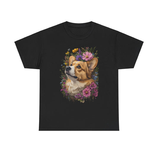 "Red Corgi w/ Flowers" Unisex Heavy Cotton Tee